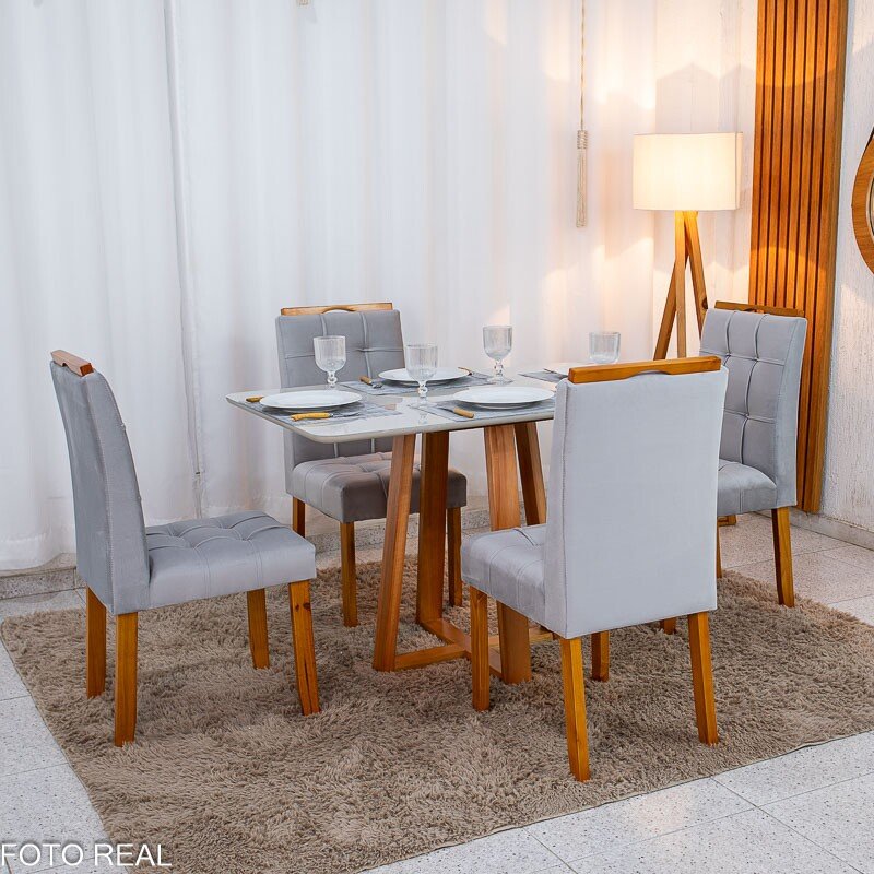Mesa de Jantar Bali 120×80 Vidro Off/Base Madeira + 4 Cad. Londres Veludo Prata Madeira Minas Plac - Entregue Montada - Imagem 4