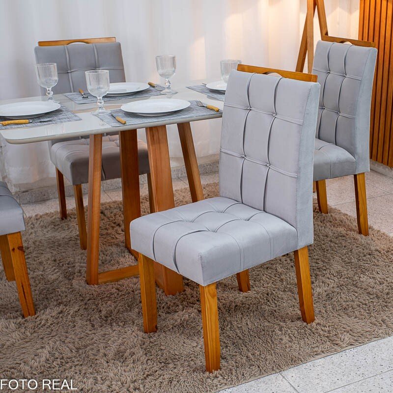 Mesa de Jantar Bali 120×80 Vidro Off/Base Madeira + 4 Cad. Londres Veludo Prata Madeira Minas Plac - Entregue Montada - Imagem 5
