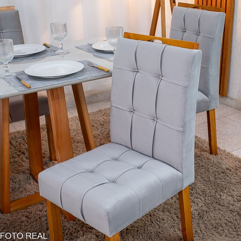 Mesa de Jantar Bali 120×80 Vidro Off/Base Madeira + 4 Cad. Londres Veludo Prata Madeira Minas Plac - Entregue Montada - Imagem 6