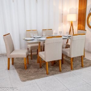 Mesa de Jantar Bali 160×80 Vidro Off/Base Madeira + 6 Cad. Atlanta Linho Bege Cru Madeira Minas Plac - Entregue Montada