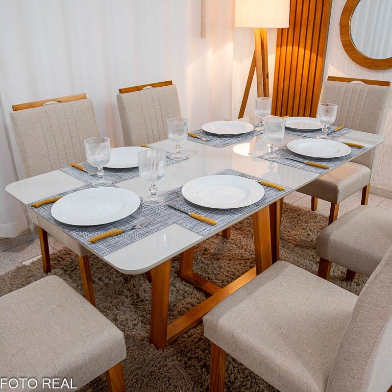 Mesa de Jantar Bali 160×80 Vidro Off/Base Madeira + 6 Cad. Atlanta Linho Bege Cru Madeira Minas Plac - Entregue Montada - Imagem 2