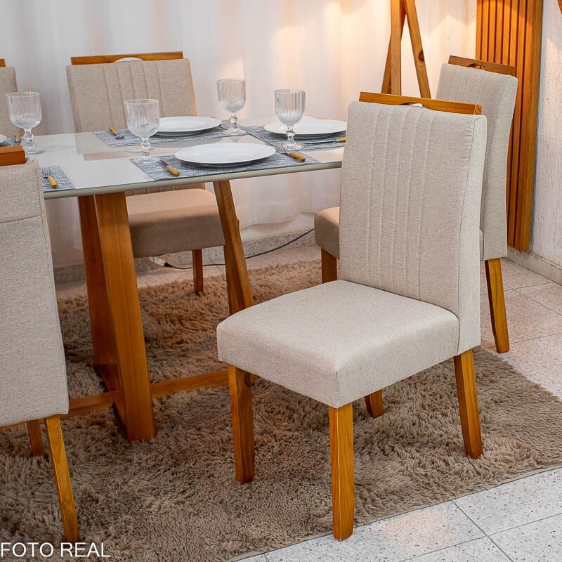 Mesa de Jantar Bali 160×80 Vidro Off/Base Madeira + 6 Cad. Atlanta Linho Bege Cru Madeira Minas Plac - Entregue Montada - Imagem 5