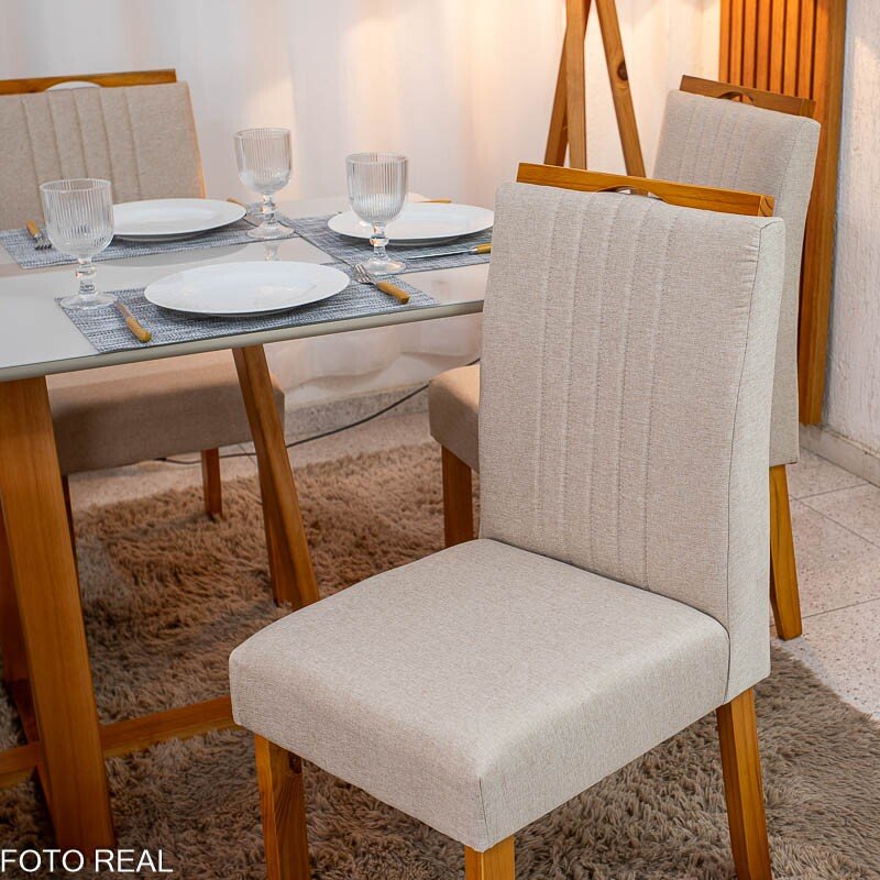 Mesa de Jantar Bali 160×80 Vidro Off/Base Madeira + 6 Cad. Atlanta Linho Bege Cru Madeira Minas Plac - Entregue Montada - Imagem 6