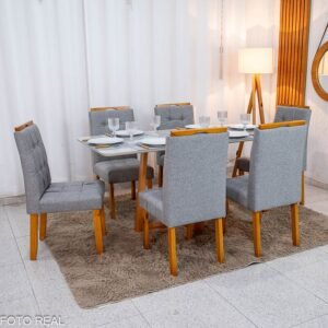 Mesa de Jantar Bali 160×80 Vidro Off/Base Madeira + 6 Cad. Londres Linho Cinza Madeira Minas Plac - Entregue Montada