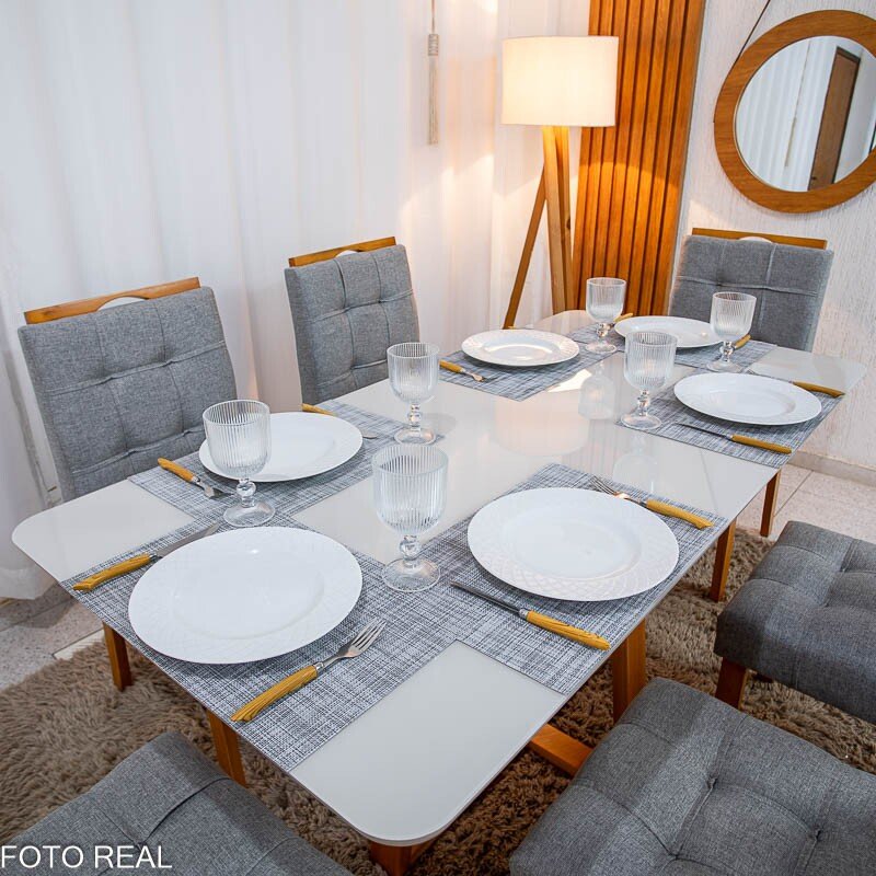 Mesa de Jantar Bali 160×80 Vidro Off/Base Madeira + 6 Cad. Londres Linho Cinza Madeira Minas Plac - Entregue Montada - Imagem 2