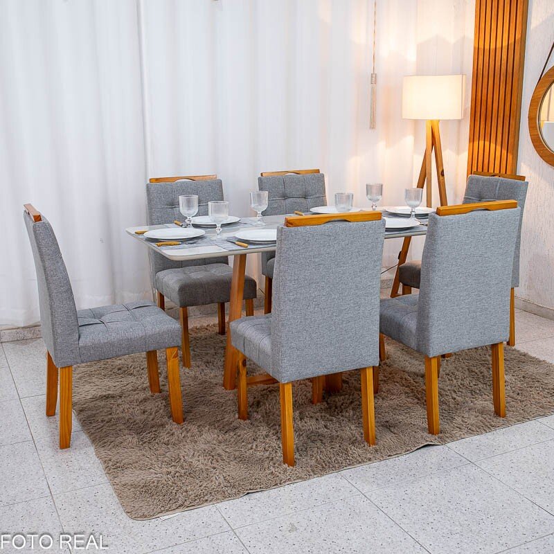 Mesa de Jantar Bali 160×80 Vidro Off/Base Madeira + 6 Cad. Londres Linho Cinza Madeira Minas Plac - Entregue Montada - Imagem 3
