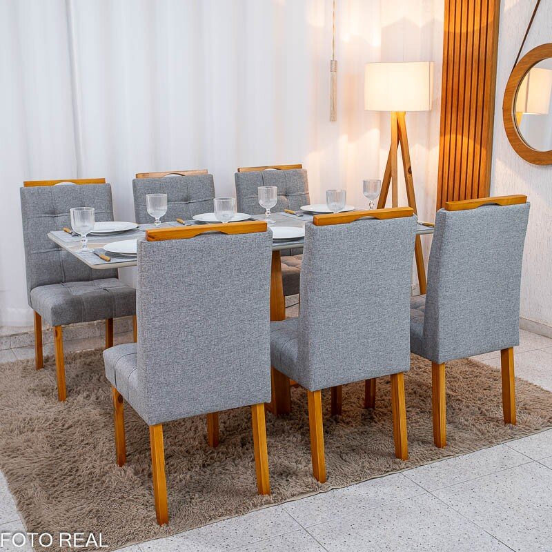 Mesa de Jantar Bali 160×80 Vidro Off/Base Madeira + 6 Cad. Londres Linho Cinza Madeira Minas Plac - Entregue Montada - Imagem 4