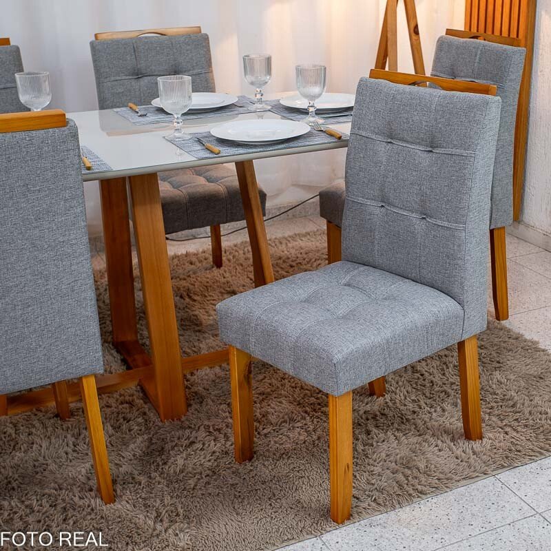 Mesa de Jantar Bali 160×80 Vidro Off/Base Madeira + 6 Cad. Londres Linho Cinza Madeira Minas Plac - Entregue Montada - Imagem 5