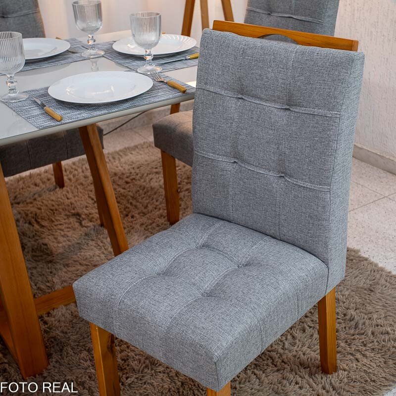 Mesa de Jantar Bali 160×80 Vidro Off/Base Madeira + 6 Cad. Londres Linho Cinza Madeira Minas Plac - Entregue Montada - Imagem 6