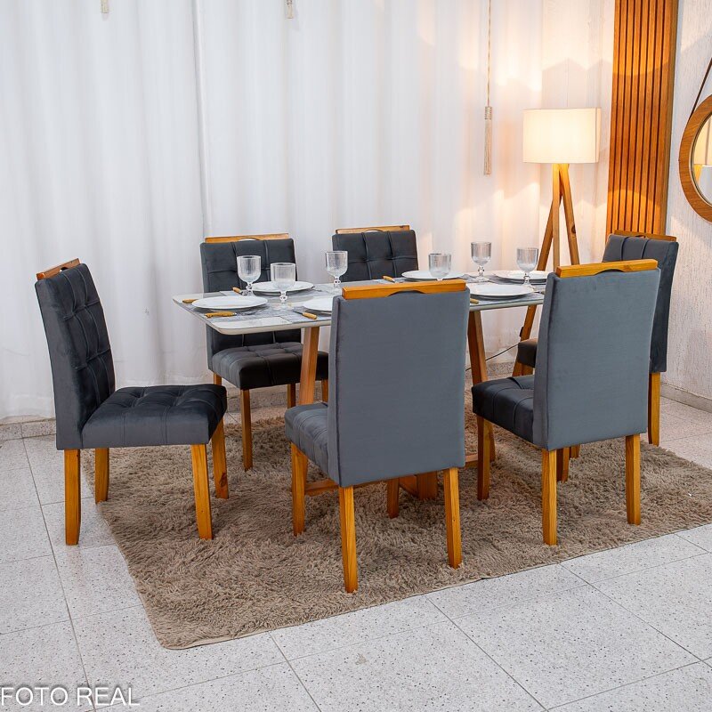 Mesa de Jantar Bali 160×80 Vidro Off/Base Madeira + 6 Cad. Londres Veludo Chumbo Madeira Minas Plac - Entregue Montada