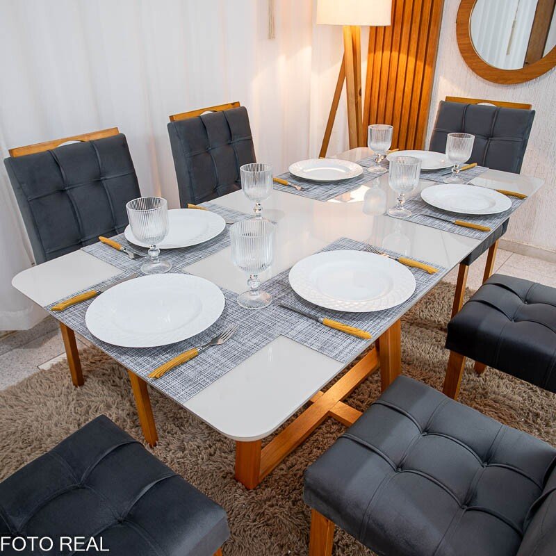 Mesa de Jantar Bali 160×80 Vidro Off/Base Madeira + 6 Cad. Londres Veludo Chumbo Madeira Minas Plac - Entregue Montada - Imagem 2