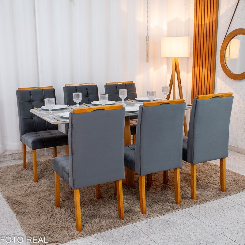 Mesa de Jantar Bali 160×80 Vidro Off/Base Madeira + 6 Cad. Londres Veludo Chumbo Madeira Minas Plac - Entregue Montada - Imagem 3