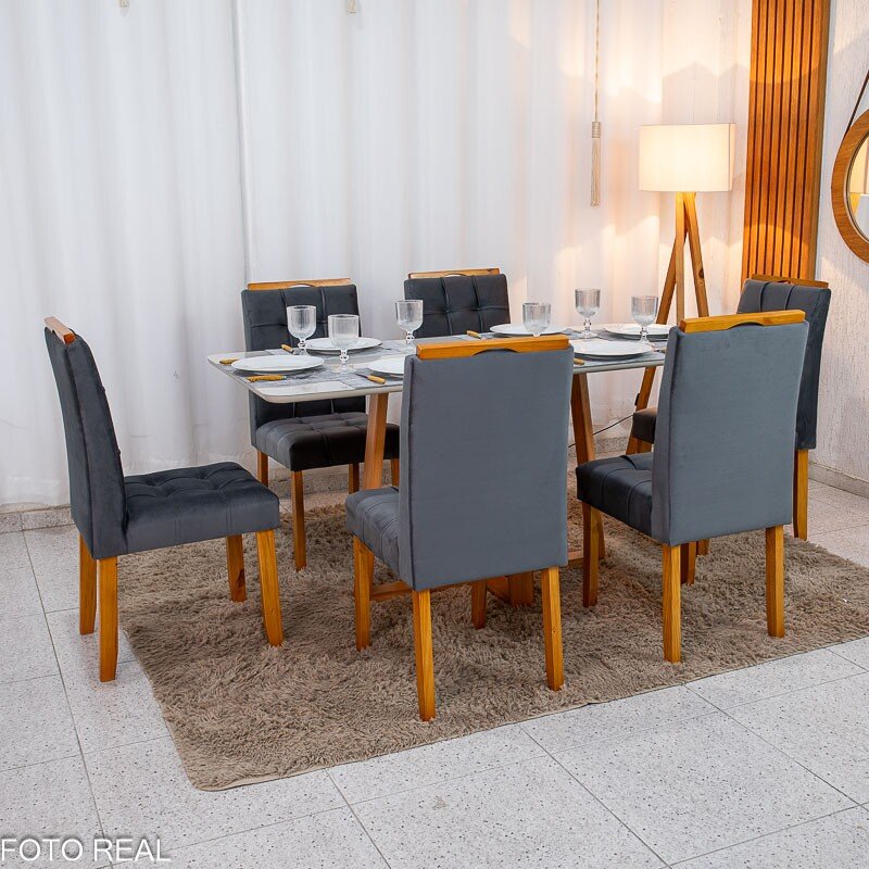 Mesa de Jantar Bali 160×80 Vidro Off/Base Madeira + 6 Cad. Londres Veludo Chumbo Madeira Minas Plac - Entregue Montada - Imagem 4