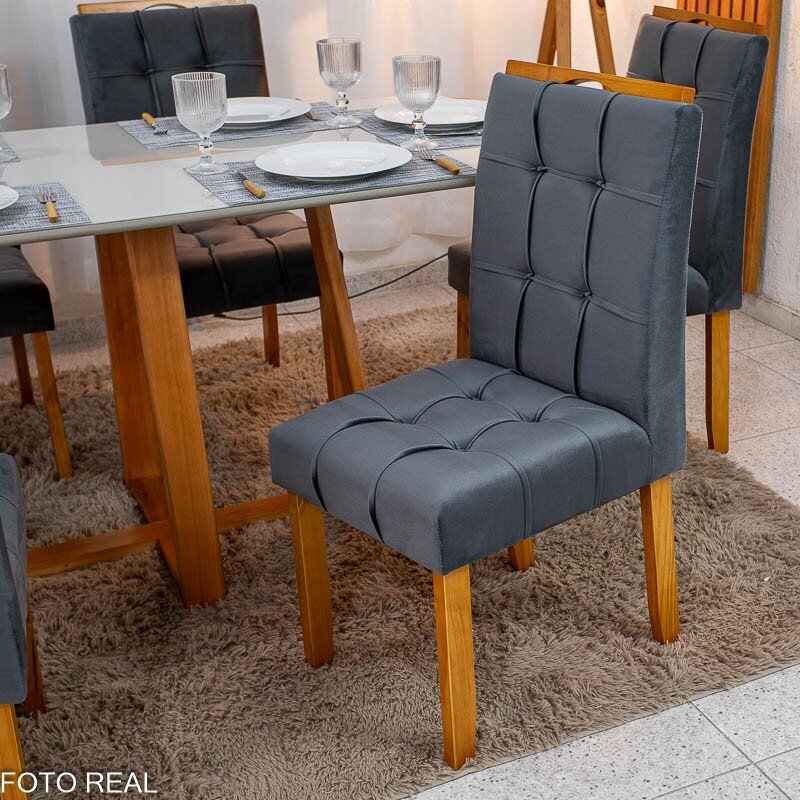 Mesa de Jantar Bali 160×80 Vidro Off/Base Madeira + 6 Cad. Londres Veludo Chumbo Madeira Minas Plac - Entregue Montada - Imagem 5