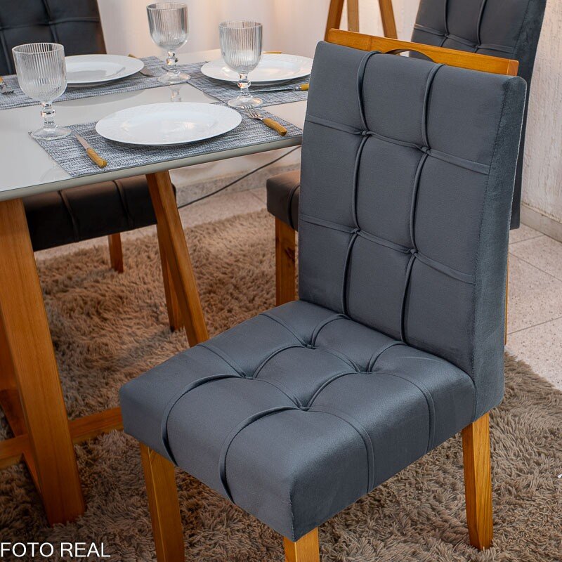 Mesa de Jantar Bali 160×80 Vidro Off/Base Madeira + 6 Cad. Londres Veludo Chumbo Madeira Minas Plac - Entregue Montada - Imagem 6