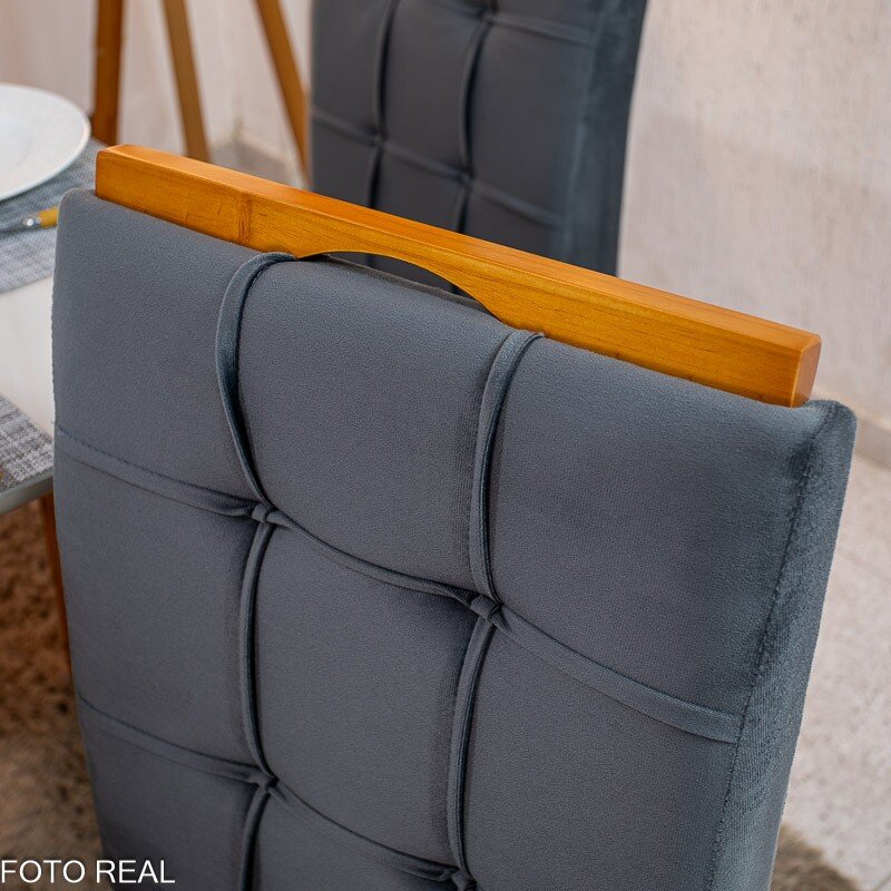 Mesa de Jantar Bali 160×80 Vidro Off/Base Madeira + 6 Cad. Londres Veludo Chumbo Madeira Minas Plac - Entregue Montada - Imagem 7