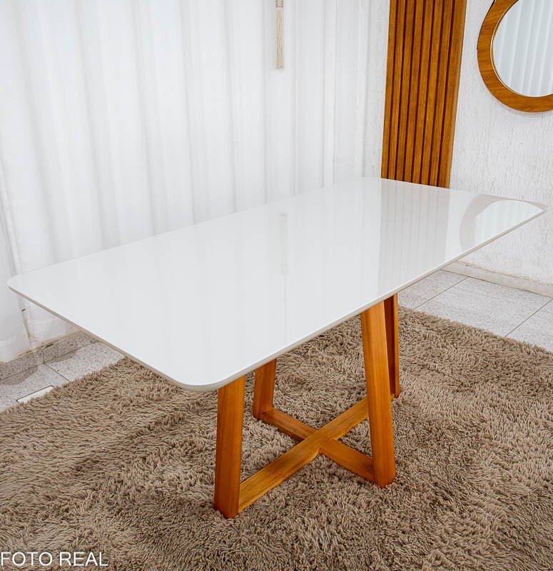 Mesa de Jantar Bali 160×80 Vidro Off/Base Madeira + 6 Cad. Londres Veludo Chumbo Madeira Minas Plac - Entregue Montada - Imagem 9