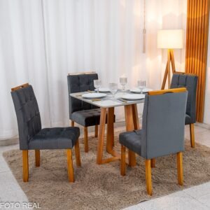 Mesa de Jantar Bali 90×90 Vidro Off/Base Madeira + 4 Cad. Londres Veludo Chumbo Madeira Minas Plac - Entregue Montada