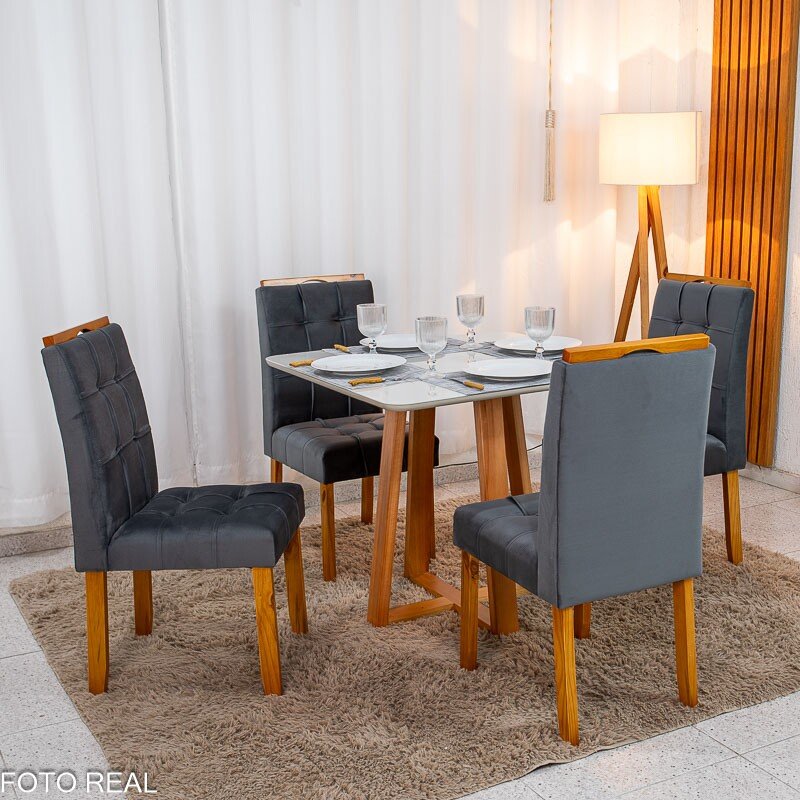 Mesa de Jantar Bali 90×90 Vidro Off/Base Madeira + 4 Cad. Londres Veludo Chumbo Madeira Minas Plac - Entregue Montada
