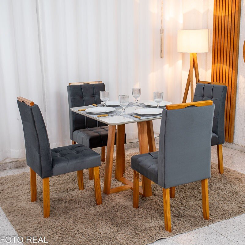 Mesa de Jantar Bali 90×90 Vidro Off/Base Madeira + 4 Cad. Londres Veludo Chumbo Madeira Minas Plac - Entregue Montada - Imagem 3