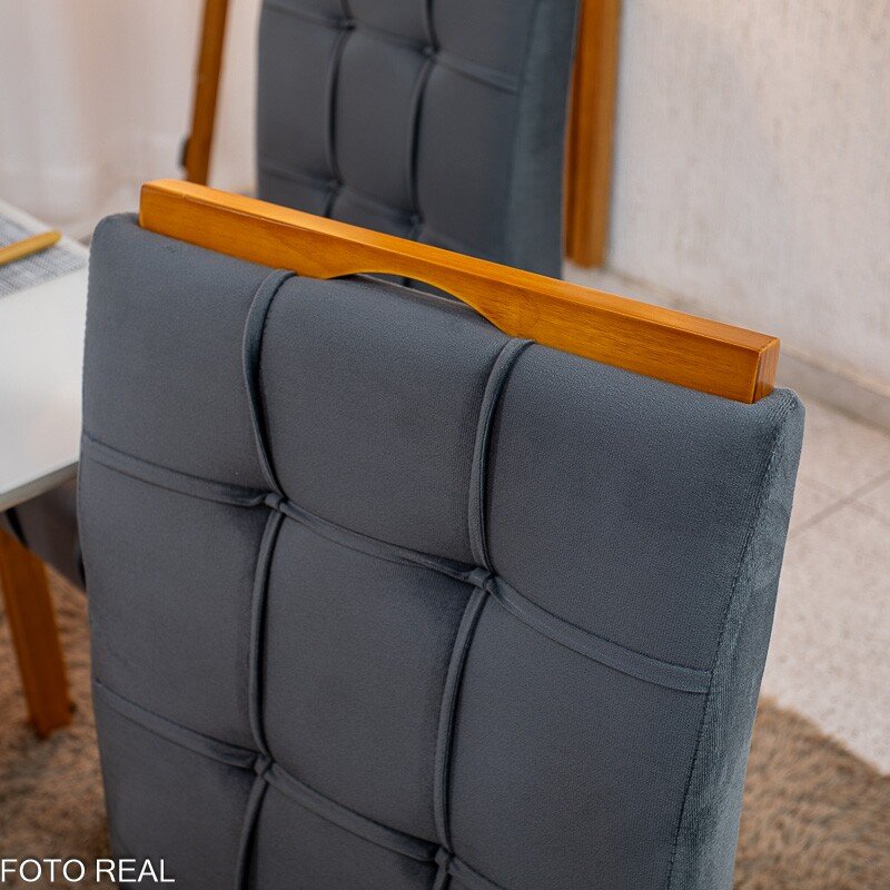 Mesa de Jantar Bali 90×90 Vidro Off/Base Madeira + 4 Cad. Londres Veludo Chumbo Madeira Minas Plac - Entregue Montada - Imagem 9