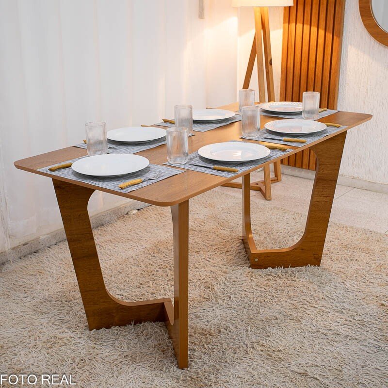 Mesa de Jantar Dubai Tampo Londres Cinamomo 160x80 6 Cadeiras Genova Veludo Cinza 507 Madeira Maciça - Imagem 6