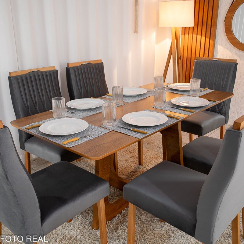Mesa de Jantar Dubai Tampo Londres Cinamomo 160x80 6 Cadeiras Genova Veludo Cinza 507 Madeira Maciça - Imagem 2