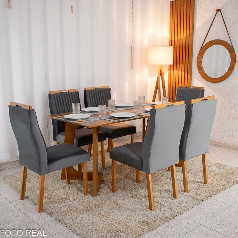 Mesa de Jantar Dubai Tampo Londres Cinamomo 160x80 6 Cadeiras Genova Veludo Cinza 507 Madeira Maciça - Imagem 3