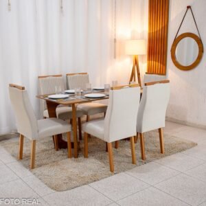 Mesa de Jantar Dubai Tampo Londres Cinamomo 160x80 6 Cadeiras Lisboa Veludo Bege 512 Madeira Maciça