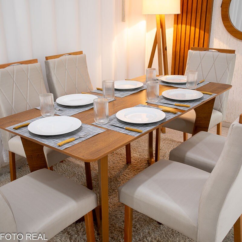 Mesa de Jantar Dubai Tampo Londres Cinamomo 160x80 6 Cadeiras Lisboa Veludo Bege 512 Madeira Maciça - Imagem 3
