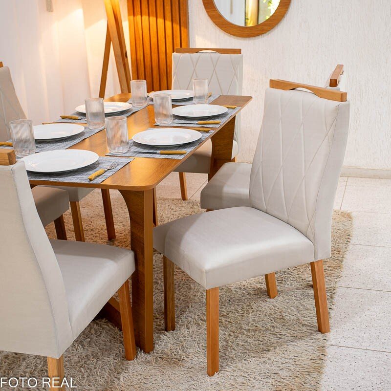 Mesa de Jantar Dubai Tampo Londres Cinamomo 160x80 6 Cadeiras Lisboa Veludo Bege 512 Madeira Maciça - Imagem 4