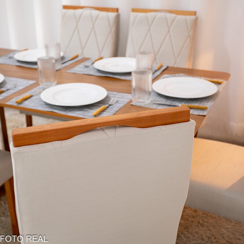 Mesa de Jantar Dubai Tampo Londres Cinamomo 160x80 6 Cadeiras Lisboa Veludo Bege 512 Madeira Maciça - Imagem 5