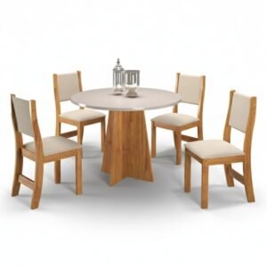 Mesa de Jantar Flipp Redonda 90cm Off White 4 Cad. Sol Assento Veludo Bronze - Viero