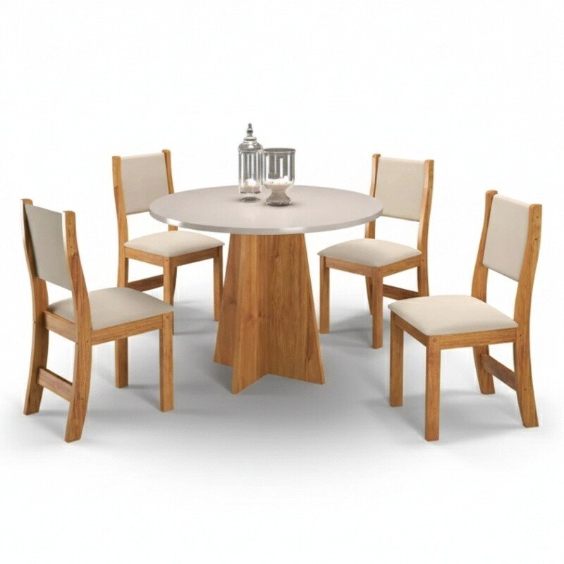 Mesa de Jantar Flipp Redonda 90cm Off White 4 Cad. Sol Assento Veludo Bronze - Viero