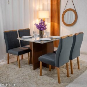 Mesa de Jantar Helo 90×90 Tampo MDF Vidro Off 4 Cad. Lisboa Veludo Cinza 507 Madeira Maciça