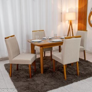 Mesa de Jantar Londrina 120x80 Cinamomo Rufato + 4 Cad. Isabela Linho Bege 01 Madeira - KM Decor