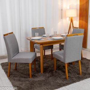 Mesa de Jantar Londrina 120x80 Cinamomo Rufato + 4 Cad. Isabela Linho Cinza 05 Madeira - KM Decor