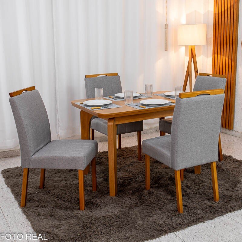 Mesa de Jantar Londrina 120x80 Cinamomo Rufato + 4 Cad. Isabela Linho Cinza 05 Madeira - KM Decor