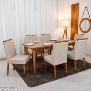 Mesa de Jantar Londrina 180x90 Cinamomo Rufato + 6 Cad. Isabela Linho Bege 01 Madeira - KM Decor