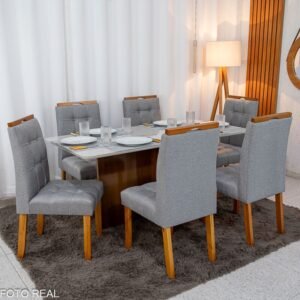 Mesa de Jantar Moscou 160x80 Vidro Off/Base Cinamomo + 6 Cad. Londres Linho Cinza Madeira Minas Plac - Entregue Montada