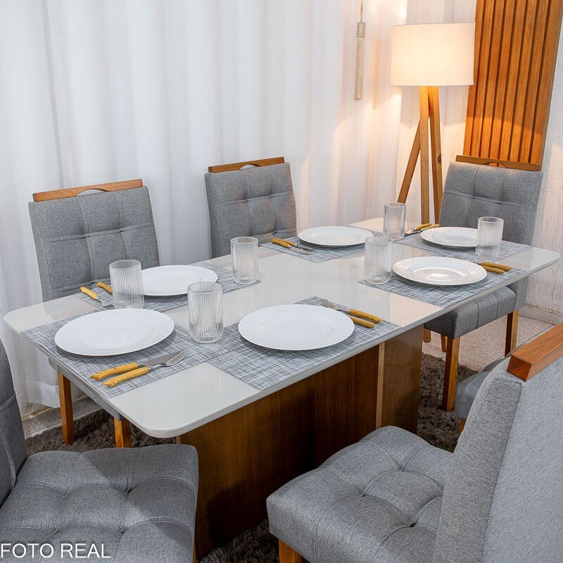 Mesa de Jantar Moscou 160x80 Vidro Off/Base Cinamomo + 6 Cad. Londres Linho Cinza Madeira Minas Plac - Entregue Montada - Imagem 2