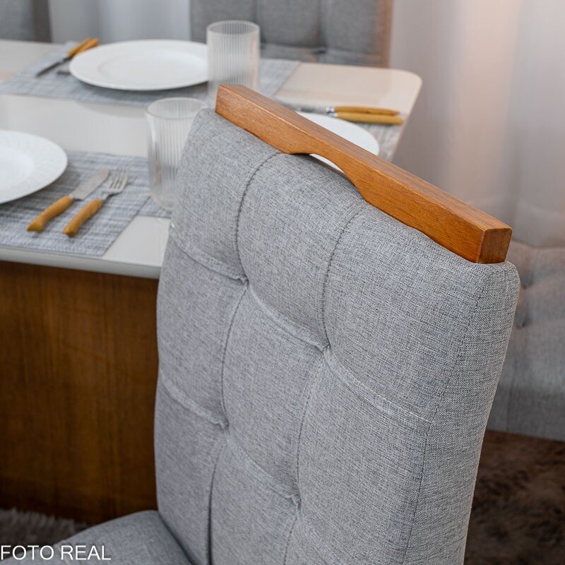 Mesa de Jantar Moscou 160x80 Vidro Off/Base Cinamomo + 6 Cad. Londres Linho Cinza Madeira Minas Plac - Entregue Montada - Imagem 6