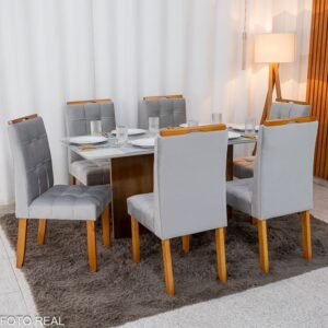 Mesa de Jantar Moscou 160x80 Vidro Off/Base Cinamomo + 6 Cad. Londres Veludo Prata Madeira Minas Plac - Entregue Montada