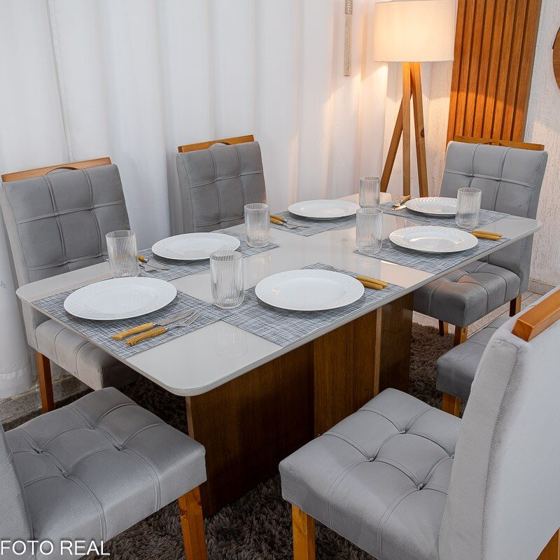 Mesa de Jantar Moscou 160x80 Vidro Off/Base Cinamomo + 6 Cad. Londres Veludo Prata Madeira Minas Plac - Entregue Montada - Imagem 2