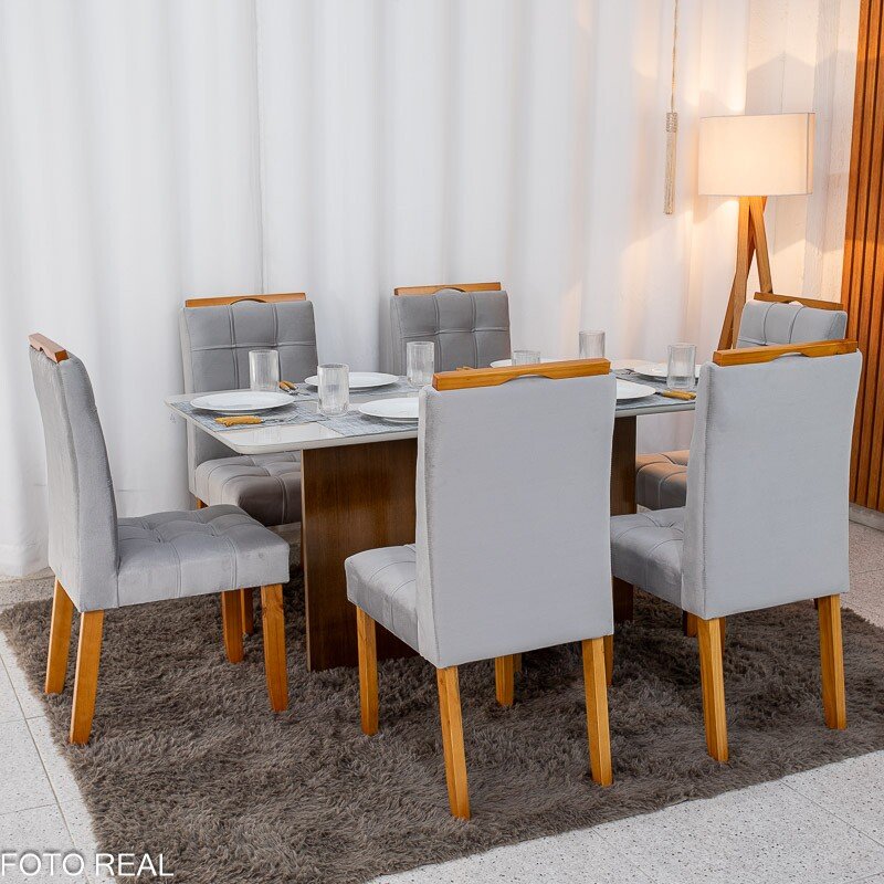Mesa de Jantar Moscou 160x80 Vidro Off/Base Cinamomo + 6 Cad. Londres Veludo Prata Madeira Minas Plac - Entregue Montada - Imagem 3