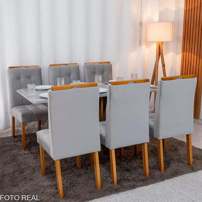 Mesa de Jantar Moscou 160x80 Vidro Off/Base Cinamomo + 6 Cad. Londres Veludo Prata Madeira Minas Plac - Entregue Montada - Imagem 4