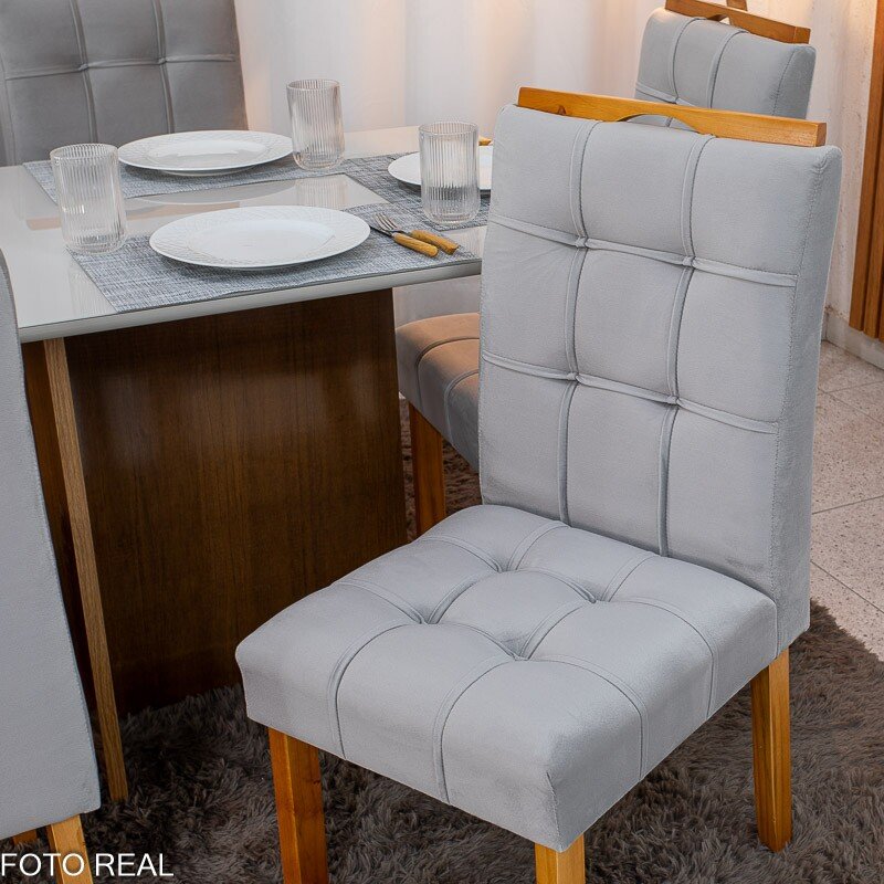 Mesa de Jantar Moscou 160x80 Vidro Off/Base Cinamomo + 6 Cad. Londres Veludo Prata Madeira Minas Plac - Entregue Montada - Imagem 6