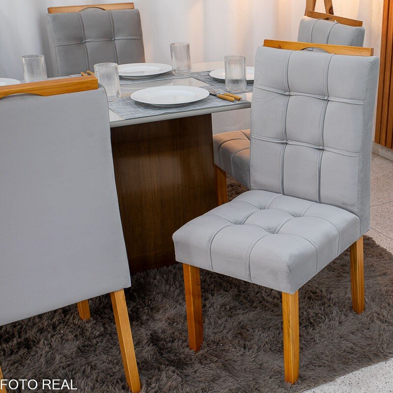 Mesa de Jantar Moscou 160x80 Vidro Off/Base Cinamomo + 6 Cad. Londres Veludo Prata Madeira Minas Plac - Entregue Montada - Imagem 7