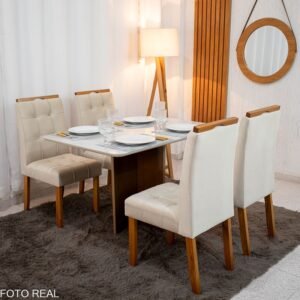 Mesa de Jantar Moscou 120x80 Cinamomo/Vidro Off + 4 Cad. Londres Veludo Avelã Madeira Maciça Minas Plac - Entregue Montada