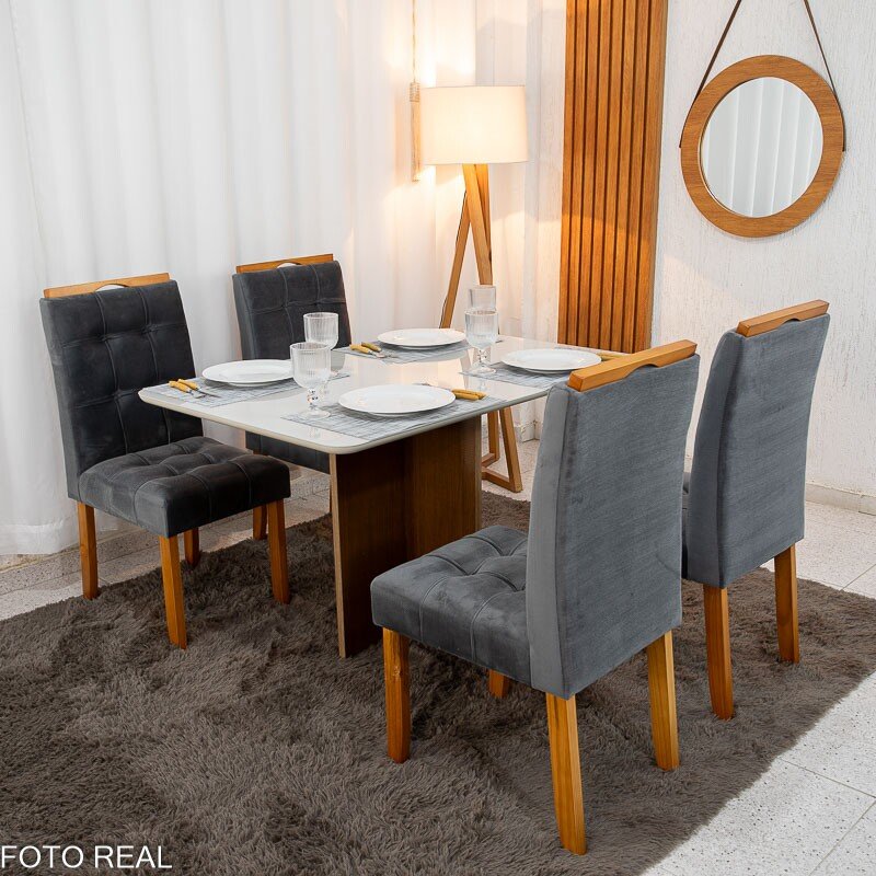 Mesa de Jantar Moscou 120x80 Vidro Off/Base Cinamomo + 4 Cad. Londres Veludo Chumbo Madeira Minas Plac - Entregue Montada - Imagem 3